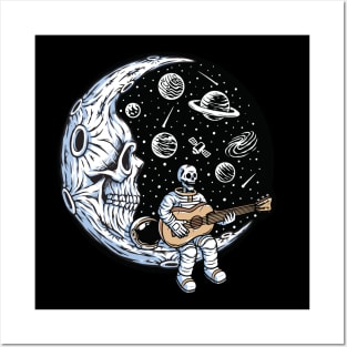 Astronaut playing guitar on skull moon Posters and Art